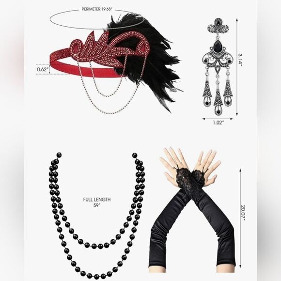 ☔️🩵⏭️NWT Red & Black Gatsby Flapper Dress 5-Piece Set Medium - Picture 14 of 14